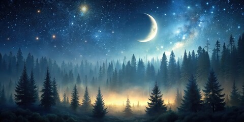 Naklejka premium Dark forest landscape under starry sky with glowing crescent moon