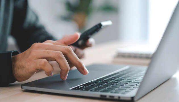 Person Using Smartphone and Laptop Together
