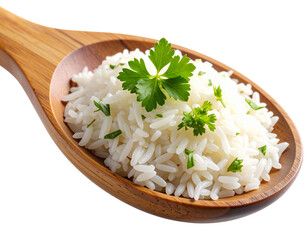 Macro Detail of Fluffy White Rice Grains with Herb Sprigs and Wooden Spoon Edge, Transparent Background