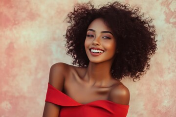 Poised Woman with Dark Skin and Lush Curly Hair. Erie Lake Background