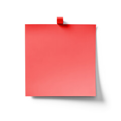 A red sticky note with a red paperclip attached to a transparent background