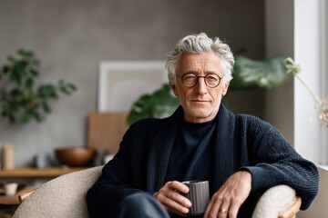 Middle-aged man relaxes in modern interior, sipping a warm drink while enjoying a peaceful afternoon at home