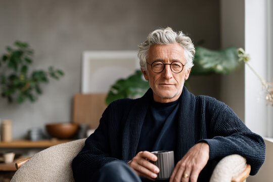 Middle-aged man relaxes in modern interior, sipping a warm drink while enjoying a peaceful afternoon at home