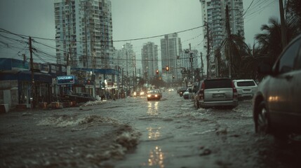 Coastal city street flooded after a tropical storm. Debris scattered, palm trees swaying in strong winds. High building