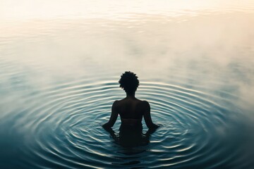 Woman Standing in Erie Lake’s Morning Mist. Erie Lake Background