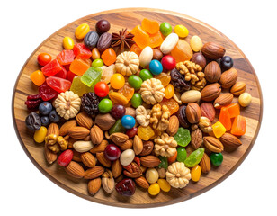 Top View of Assorted Colorful Candies and Nuts Spread on Wooden Board, Transparent PNG
