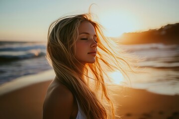 Woman Standing on a Beach. Erie Lake Background