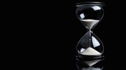 Hourglass with White Sand Trickling Down in Transparent Glass, on Black Background, Captured from Elevated Angle.