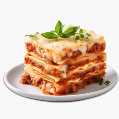 A slice of lasagna on a white plate with oregano leaves on top.
