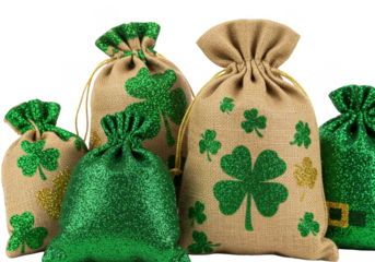 Illustration St Patricks Day Shamrocks Bags With Transparent Background