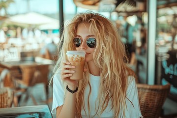 Woman with Wavy Hair Sipping Iced Coffee at a Cozy Outdoor Cafe. Erie Lake Background