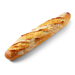 A long, golden-brown baguette with a slightly cracked crust, placed against a transparent background