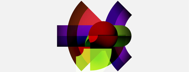 Abstract geometric composition. Overlapping colorful shapes create dynamic visual effect. Red sphere dominates central area.