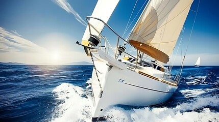 Sailing adventure under clear skies showcasing a white yacht gliding through ocean waters