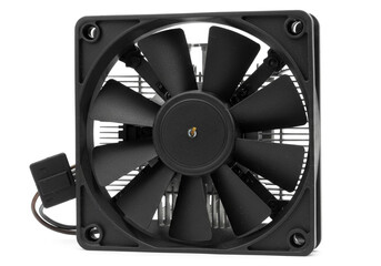 Fototapeta premium A close up shot of a black computer fan with blades and connector on a white background studio shot