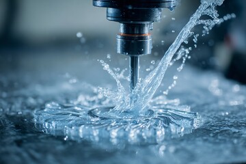 Water Splashing Action from a CNC Machine Workshop Close-Up Image Industrial Environment