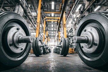 Heavy Weightlifting Equipment in Industrial Gym Setting Close-Up Perspective Strength Training Focus