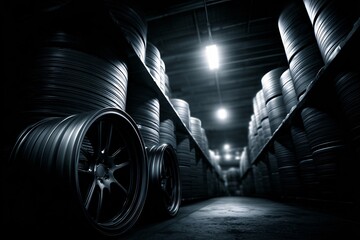 Industrial Tire Storage Warehouse Photography Dark Environment Close-up Perspective