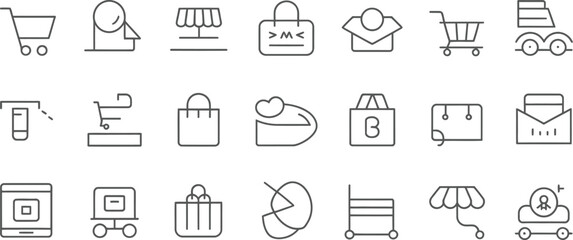 A collection of black and white line art icons related to shopping and delivery