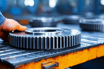 Industrial Worker Handling Precision Gears in Manufacturing Facility Close-Up View Mechanical Engineering