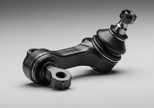 Close up of a black metal ball joint with a nut on a gray background in a studio shot setting