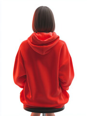 Back view of a person with short hair wearing a red hoodie sitting on a black stool against white