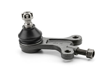 Close up of a gray ball joint with a castle nut and a bolt on a white background surface area