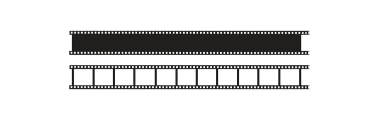 Filmstrip with frames, photo and videos for camera. Old white and black film tapes of 35mm. Roll with border for photography, isolated on background. Vector