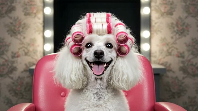 Smiling white poodle wearing pink hair curlers sits in a pink salon chair with vanity lights