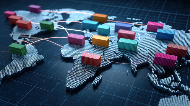 Global supply chain management involves logistics teams redesigning routes for efficiency and effectiveness. This illustrates digital world map