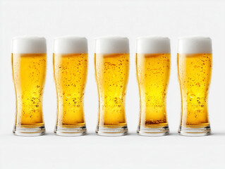 A neat row of five pilsner glasses filled with light beer set against a clean white background space