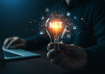 Glowing lightbulb with N F T text and digital icons