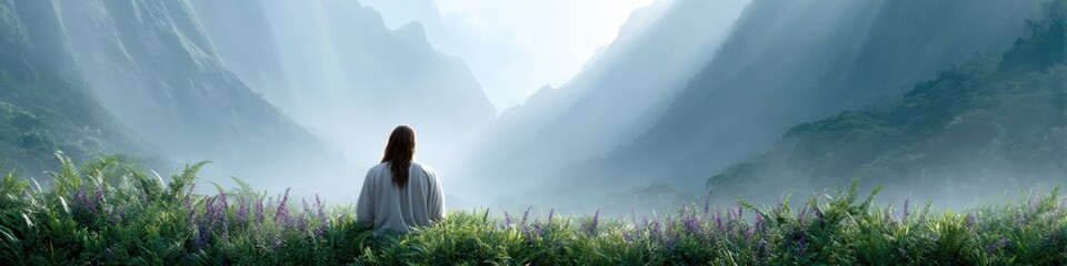 Fototapeta premium Sermon on the Mount landscape with Jesus amidst flowers and greenery for spiritual reflection