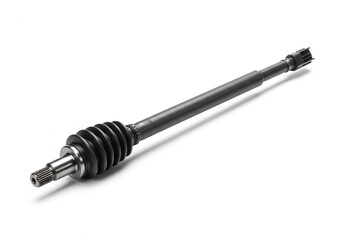 A single black axle shaft with rubber boot and splined ends on a white background in a studio shot