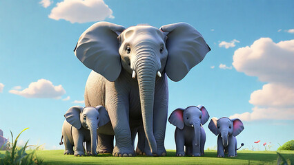 3D Cartoon Elephant Family Standing on Green Grass