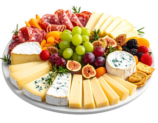 Elegant Charcuterie Board with Cheeses, Meats, Crackers, and Grapes on White Plate, Isolated on Transparent Background PNG
