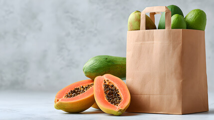 Fresh papaya and limes in a reusable paper bag, promoting healthy eating and eco-friendly shopping