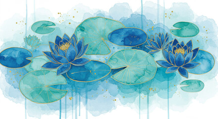 Water Lily Serenity: A watercolor painting depicting vibrant blue water lilies and lily pads floating peacefully atop a calm body of water, creating a sense of tranquility.