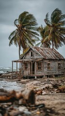 A coastal scene shows a damaged wooden house surrounded by debris. Palm trees sway in the wind after a tropical storm. The sky is overcast and gloomy