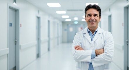 Fototapeta premium Smiling Mature Doctor with White Coat Standing in Clean Hospital Hallway