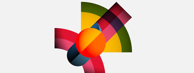 Obraz premium Abstract design features vibrant overlapping arcs, central sphere. Colors include red, yellow, green, blue, purple. Modern, dynamic composition.