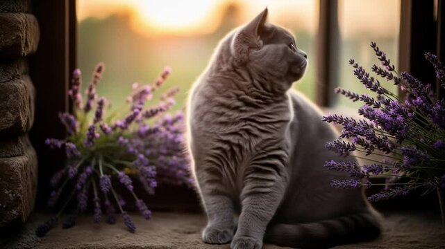 Gray British Shorthair at the Lavender Window. A chubby solid gray British Shorthair kitten sits on a stone windowsill, framed by blooming lavender and golden sunset
