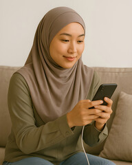 a Muslim woman sitting on a sofa using her cell phone while charging it at home