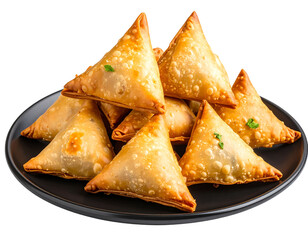  Golden Crispy Fried Samosas Stacked on Black Plate, Isolated on Transparent Background PNG