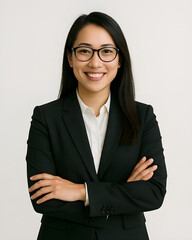 Happy smiling confident young professional female corporate leader, female corporate leader, Asian female lawyer, her manager wearing suit and glasses standing isolated above white background