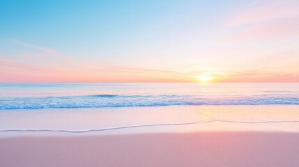 Fototapeta premium A serene beach at sunset, showcasing pastel colors in the sky reflecting on gentle waves and soft sand.