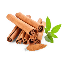 Cinnamon sticks and leaves on a transparent background