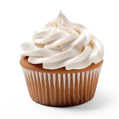 A single vanilla cupcake with white frosting on a transparent background
