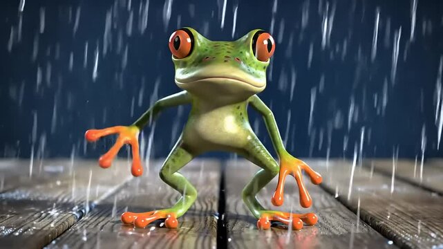 Rainy Day Frog on Wood Deck.