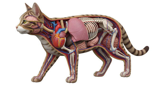 Cat anatomy diagram showing internal organs skeleton and circulatory system for educational purposes on transparent background